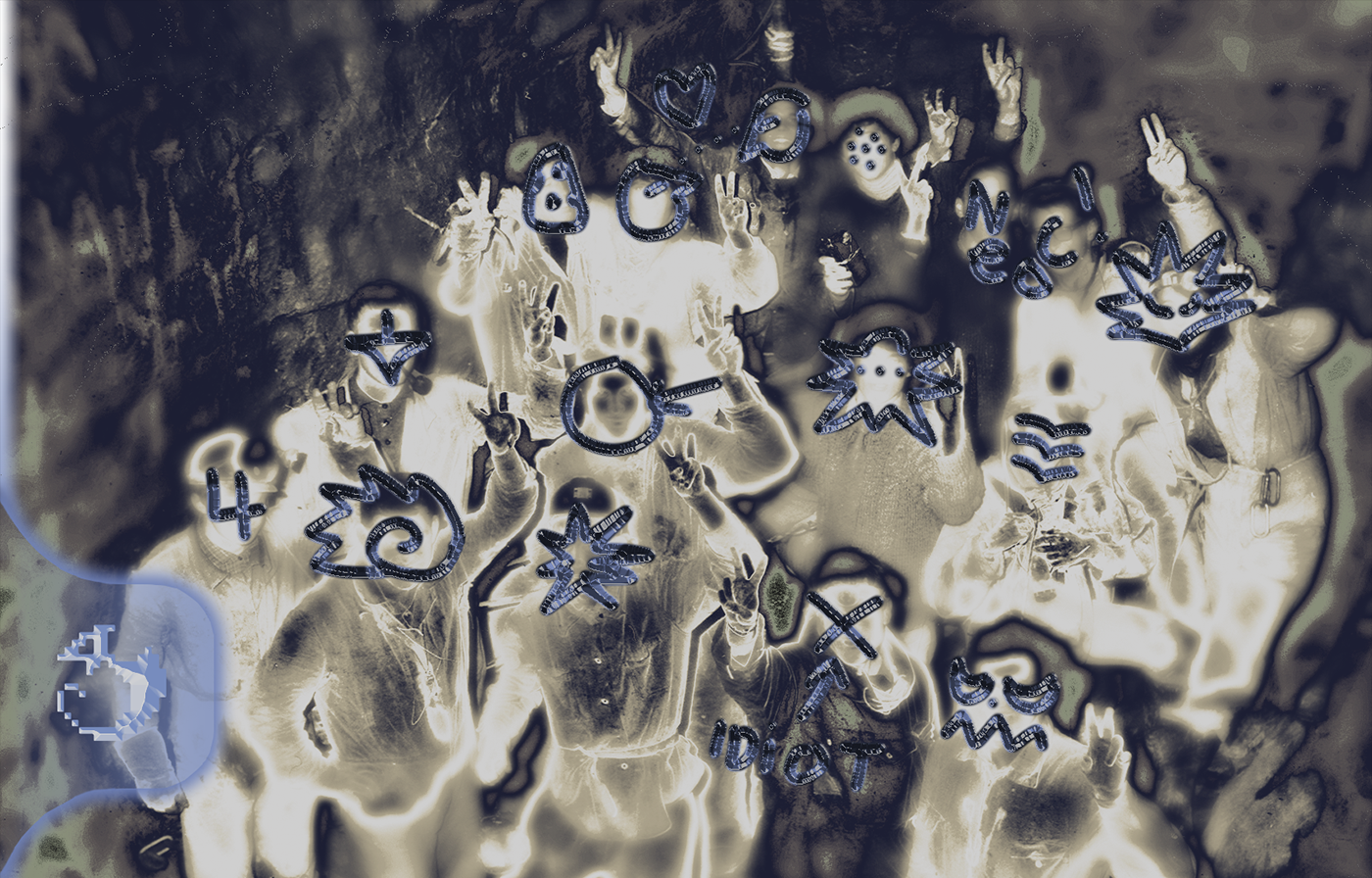 Photo of 16 people standing in a cave. Sketches are drawn over their face in a chrome looking ink